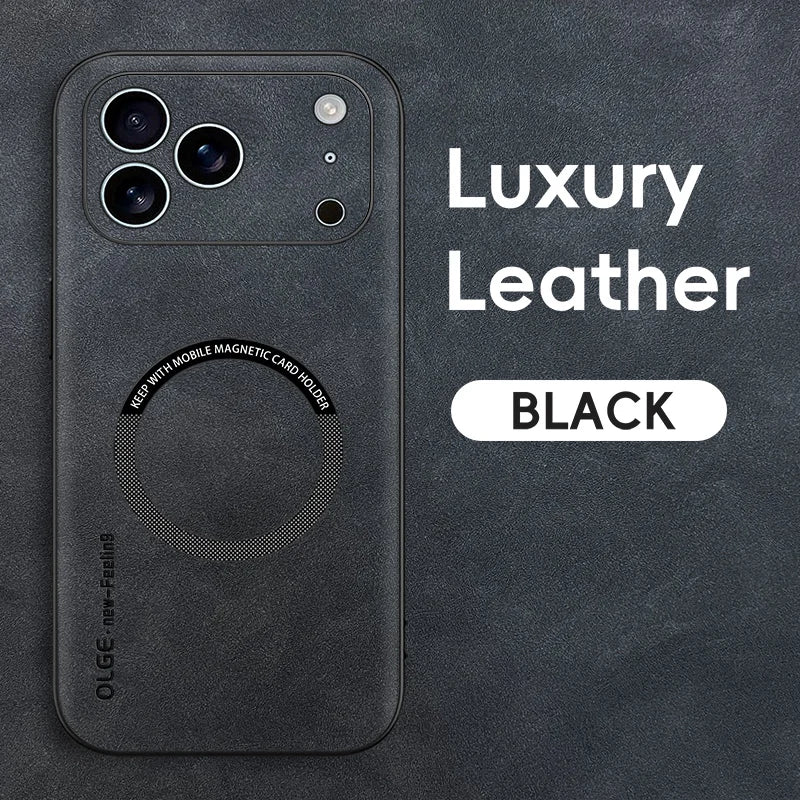 Luxury Sheepskin Magnetic Leather Phone Case for iPhone 11–17 Series | MagSafe Compatible Shockproof Cover