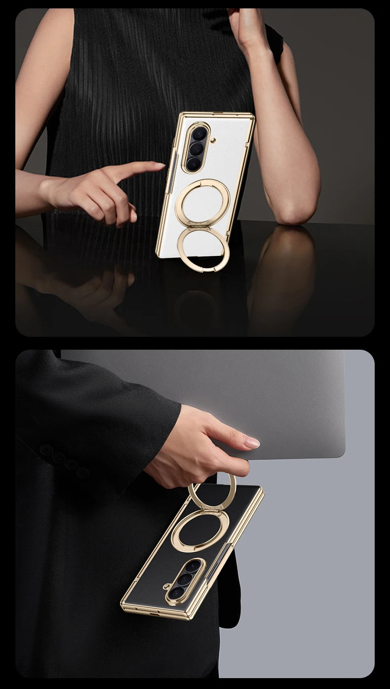 Luxury PU Leather Case for Samsung Galaxy Z Fold 7 | Ring Stand & Magnetic Wireless Charging