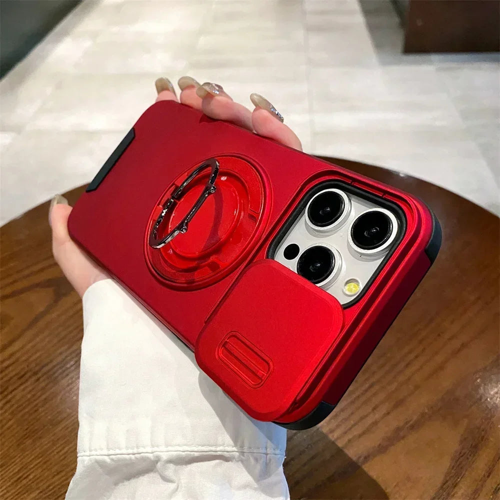 360 Rotating Hidden Metal Ring Stand Phone Case For iPhone 16 11 13 12 15 Pro Max 15 16 Plus 17 Air Slide Camera Protector Cover