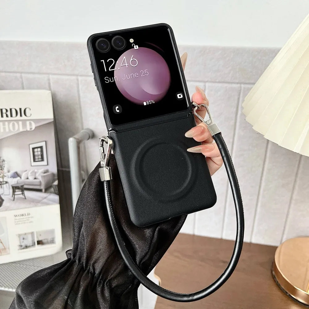 Samsung Galaxy Z Flip 7 Case | Luxury PU Leather Lanyard Magnetic Full-Coverage Protective Case