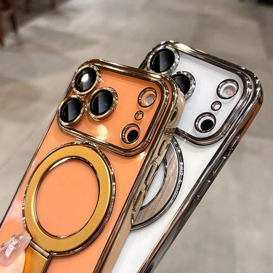 Luxury Transparent Plating Magnetic Case for iPhone 11–17 Series | MagSafe Compatible Ring Stand Cover