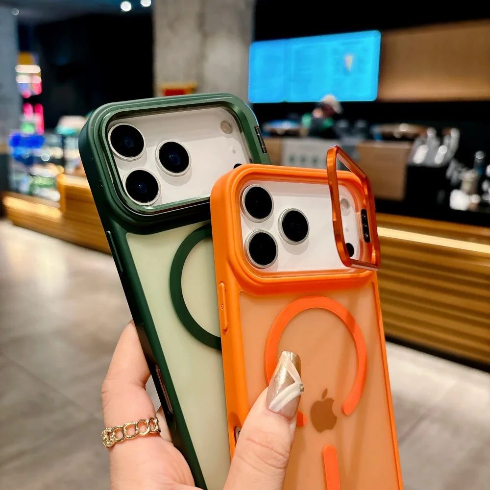 Translucent Matte Magnetic Case for iPhone 11–17 Series | MagSafe Compatible Camera Protector & Metal Stand Cover