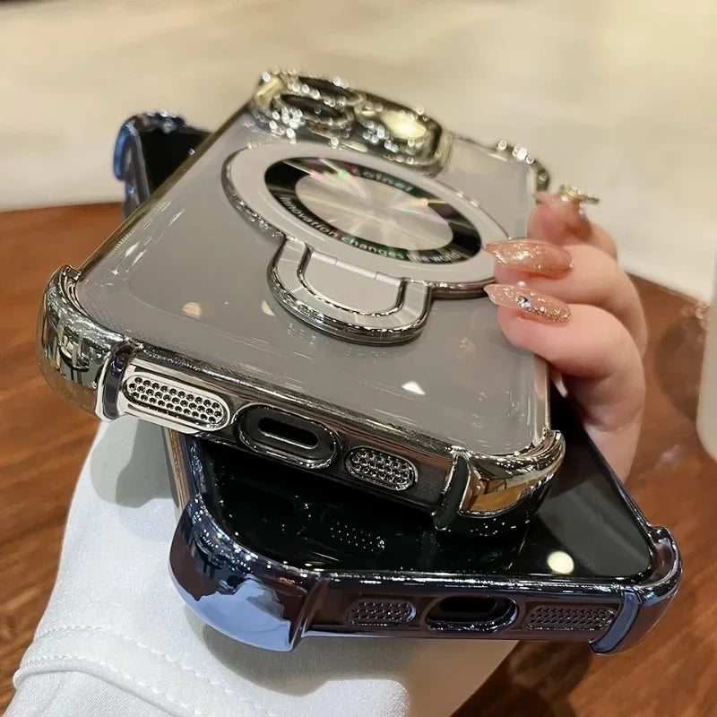 Luxury Plating Transparent Magnetic Case for iPhone 11–17 Series | MagSafe Compatible Ring Holder Cover