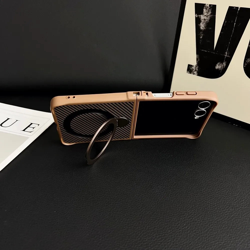 Samsung Galaxy Z Flip 7 Case | Hard Carbon Fiber Magnetic Ring Stand Full-Coverage Protective Case