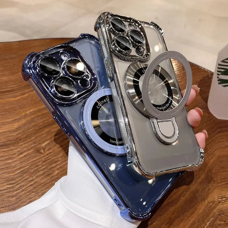 Luxury Plating Transparent Magnetic Case for iPhone 11–17 Series | MagSafe Compatible Ring Holder Cover