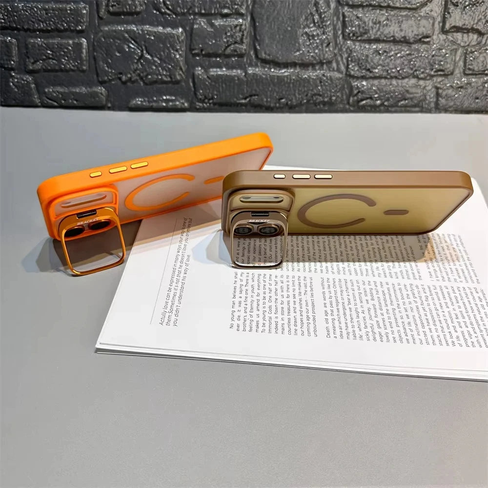 Translucent Matte Phone Case for iPhone 11–17 Series | MagSafe Compatible Camera Stand & Lens Glass Protector