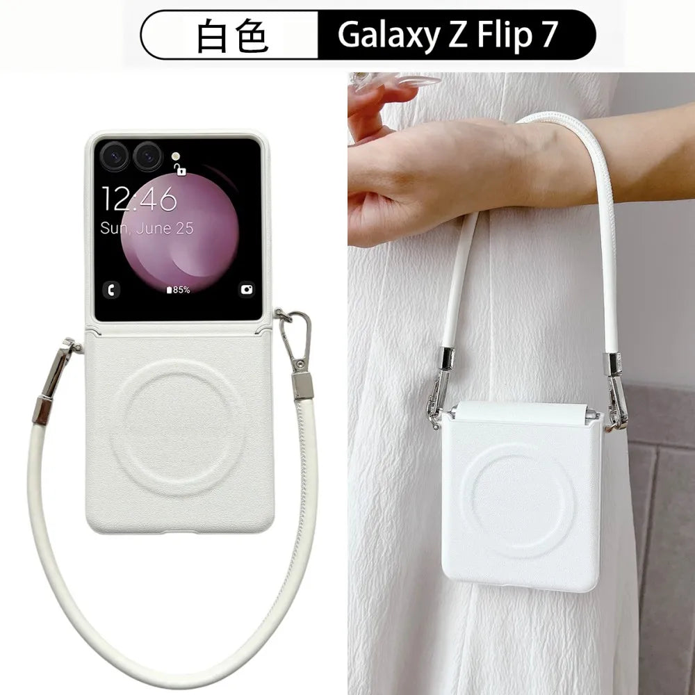 Samsung Galaxy Z Flip 7 Case | Luxury PU Leather Lanyard Magnetic Full-Coverage Protective Case