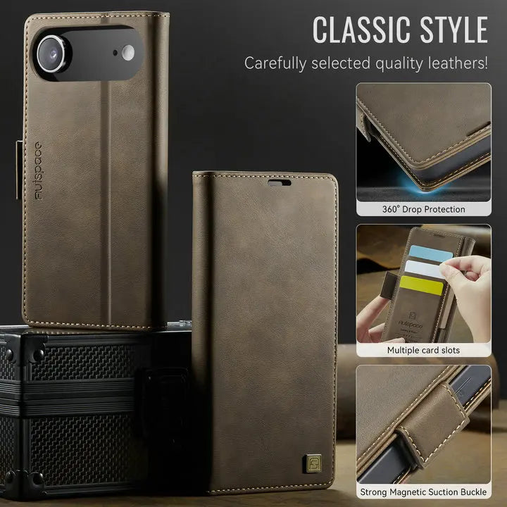 Luxury Magnetic PU Leather Wallet Case with Card & Cash Slots | Shockproof Flip Cover for iPhone