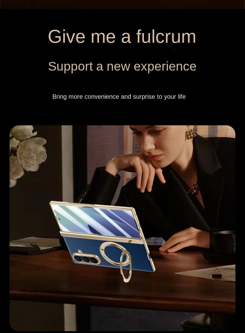 Luxury PU Leather Case for Samsung Galaxy Z Fold 7 | Ring Stand & Magnetic Wireless Charging