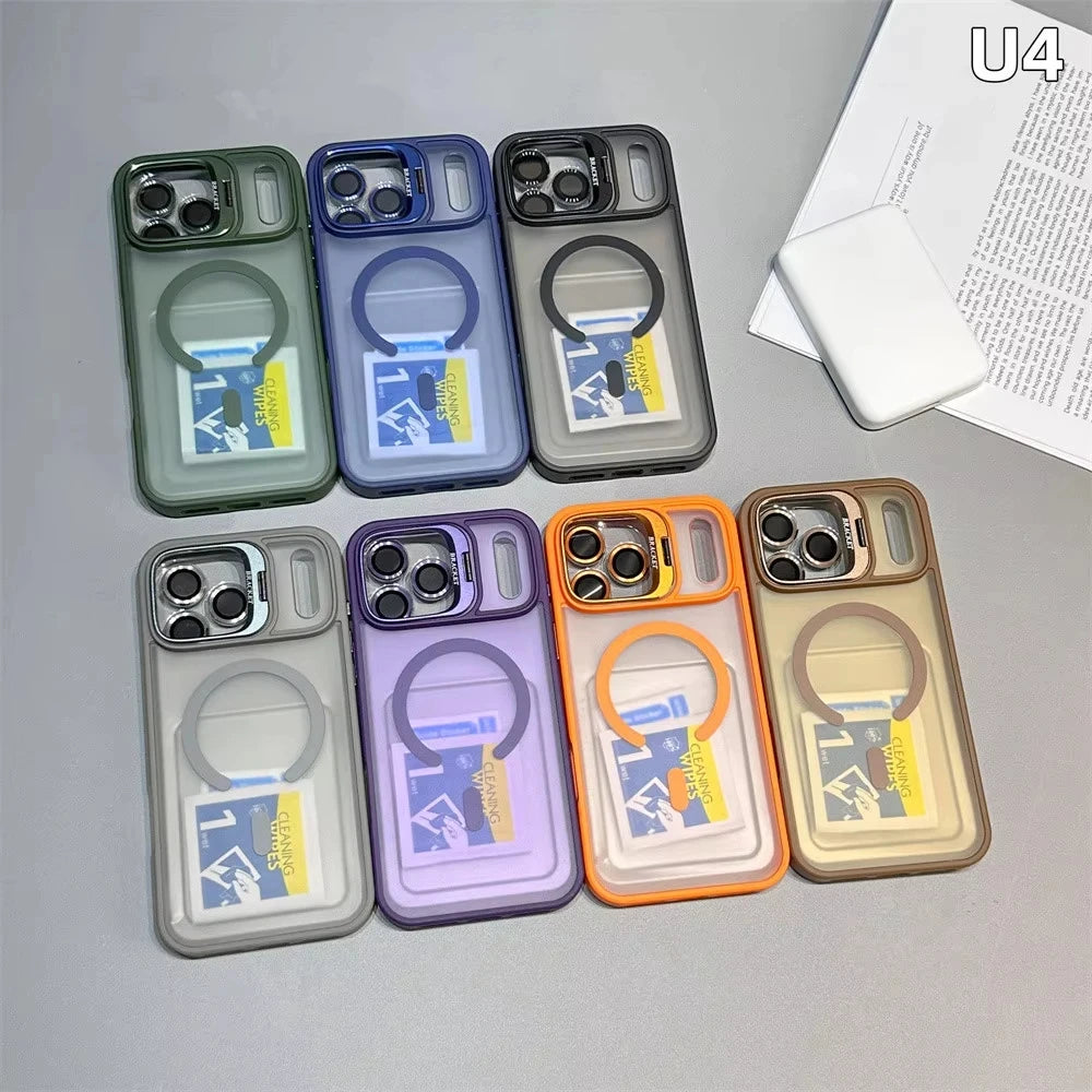 Translucent Matte Phone Case for iPhone 11–17 Series | MagSafe Compatible Camera Stand & Lens Glass Protector