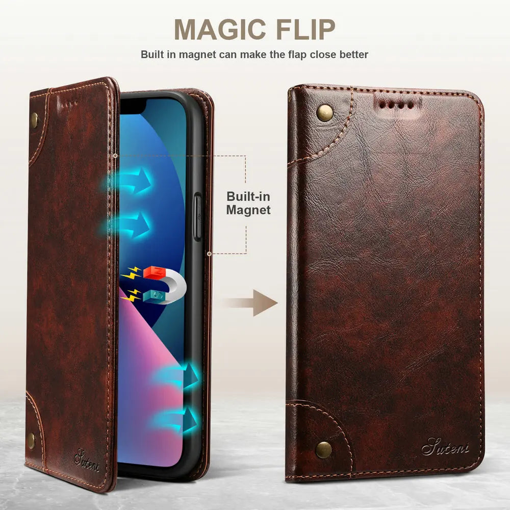 Retro Leather Magnetic Wallet Case with Kickstand | Shockproof & Full Protection for iPhone 16 Series