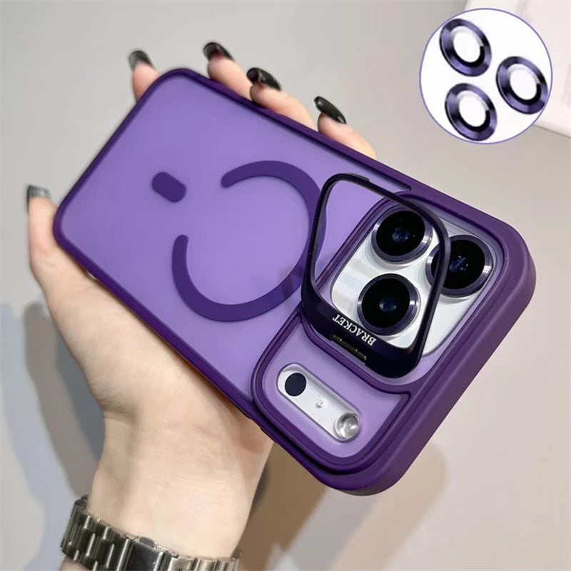 Translucent Matte Phone Case for iPhone 11–17 Series | MagSafe Compatible Camera Stand & Lens Glass Protector