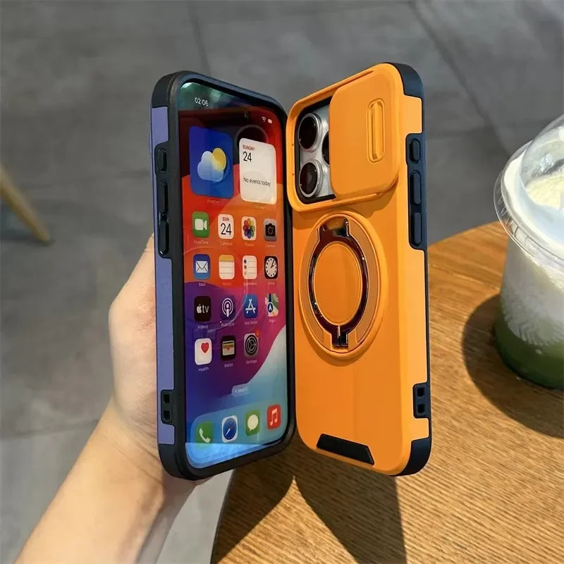 360 Rotating Hidden Metal Ring Stand Phone Case For iPhone 16 11 13 12 15 Pro Max 15 16 Plus 17 Air Slide Camera Protector Cover