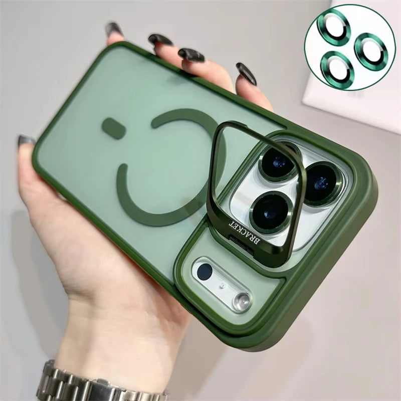 Translucent Matte Phone Case for iPhone 11–17 Series | MagSafe Compatible Camera Stand & Lens Glass Protector