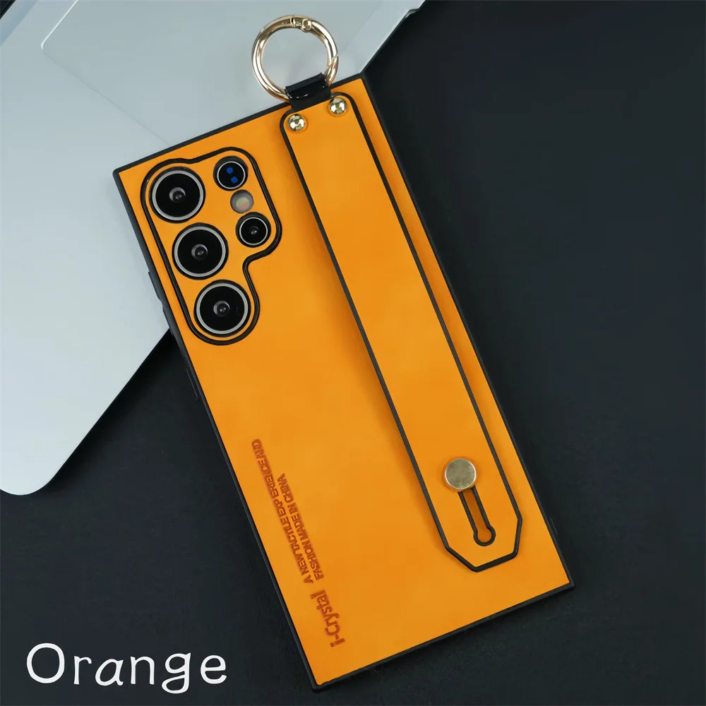 Luxury Leather Wristband Bracket Case for Samsung S21-S25 Ultra | Sheepskin Silicone Protector