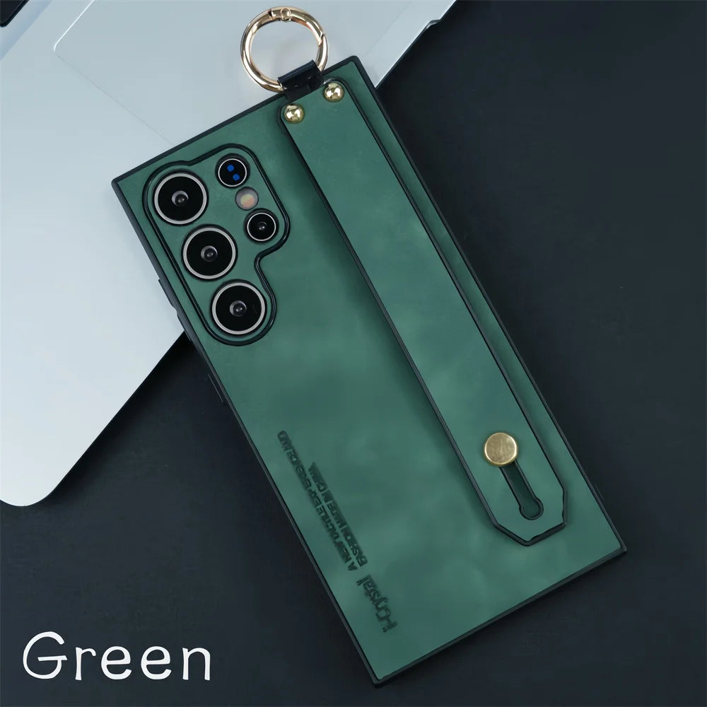 Luxury Leather Wristband Bracket Case for Samsung S21-S25 Ultra | Sheepskin Silicone Protector