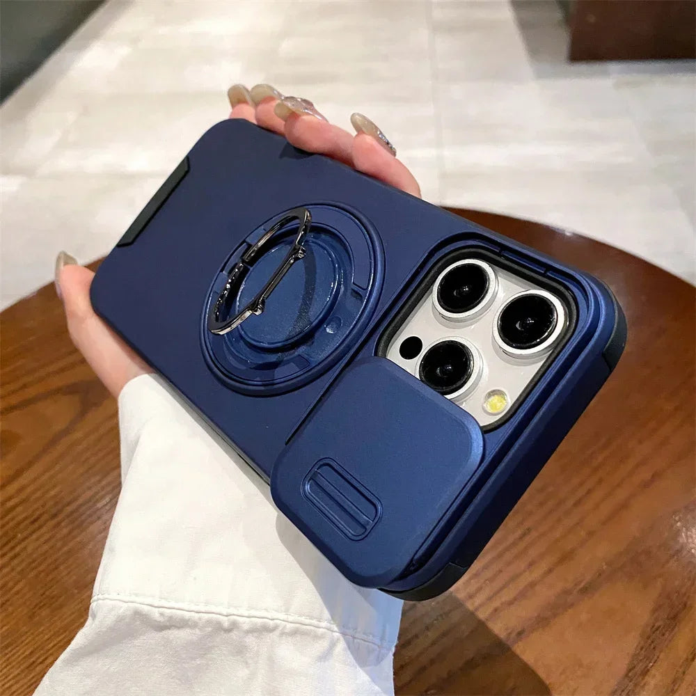 360 Rotating Hidden Metal Ring Stand Phone Case For iPhone 16 11 13 12 15 Pro Max 15 16 Plus 17 Air Slide Camera Protector Cover